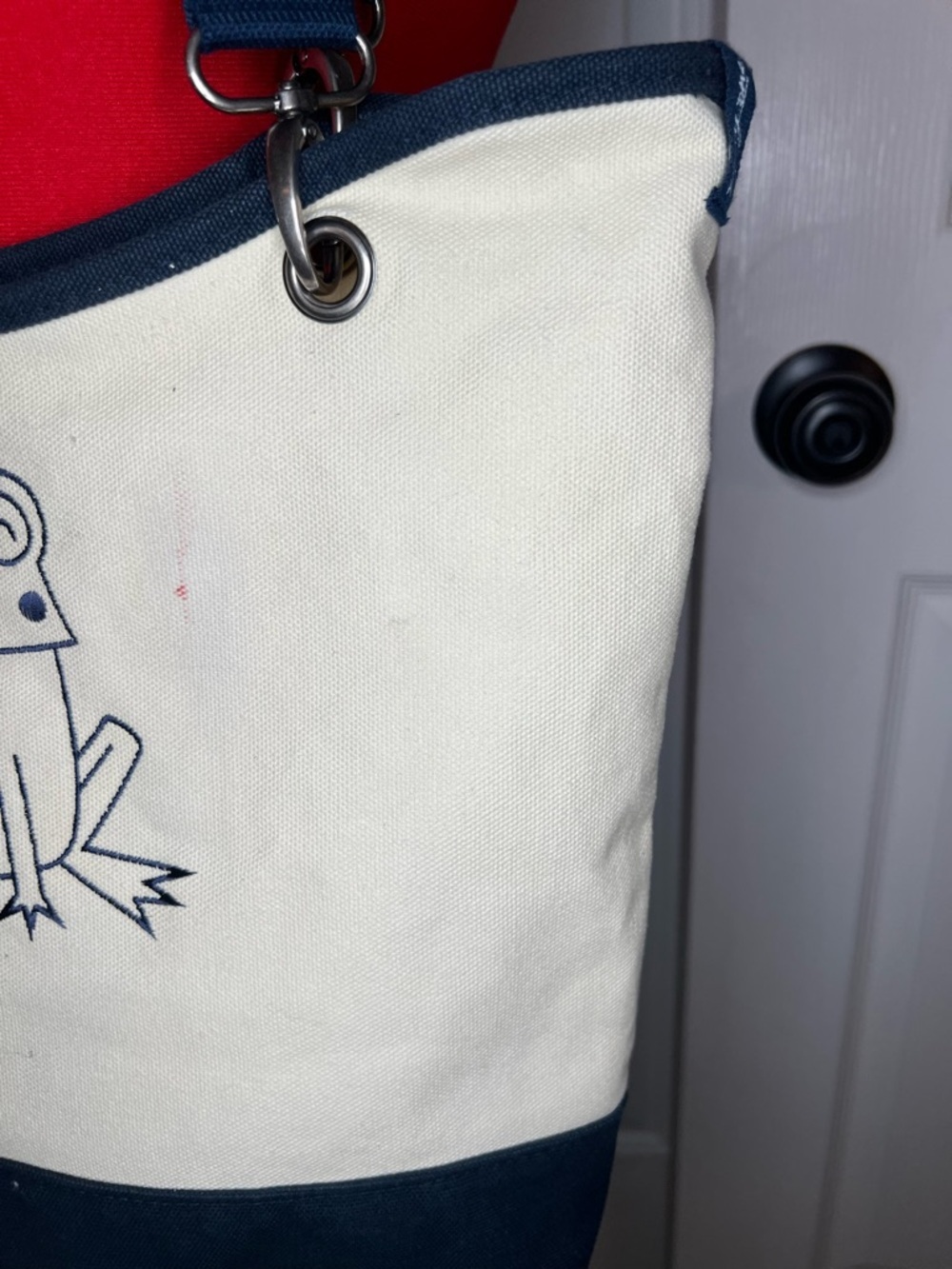 Canvas Crew Tote Bag by Thirty One Navy Cream Large Embroidered Frog - Picture 4 of 13